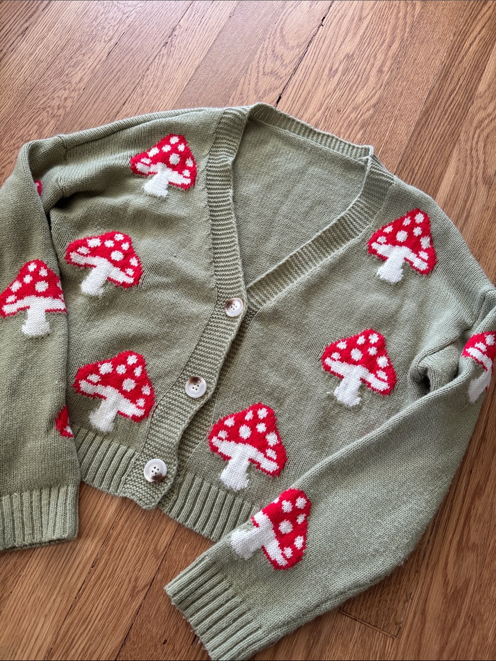 Green Cardigan with Red & White Mushroom Motif